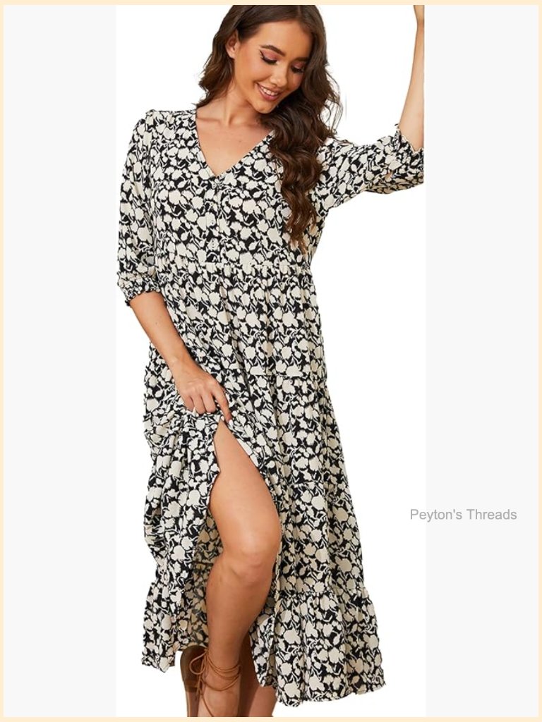 V Neck Boho Puff Sleeve High Waist Floral Smocked Midi Dress